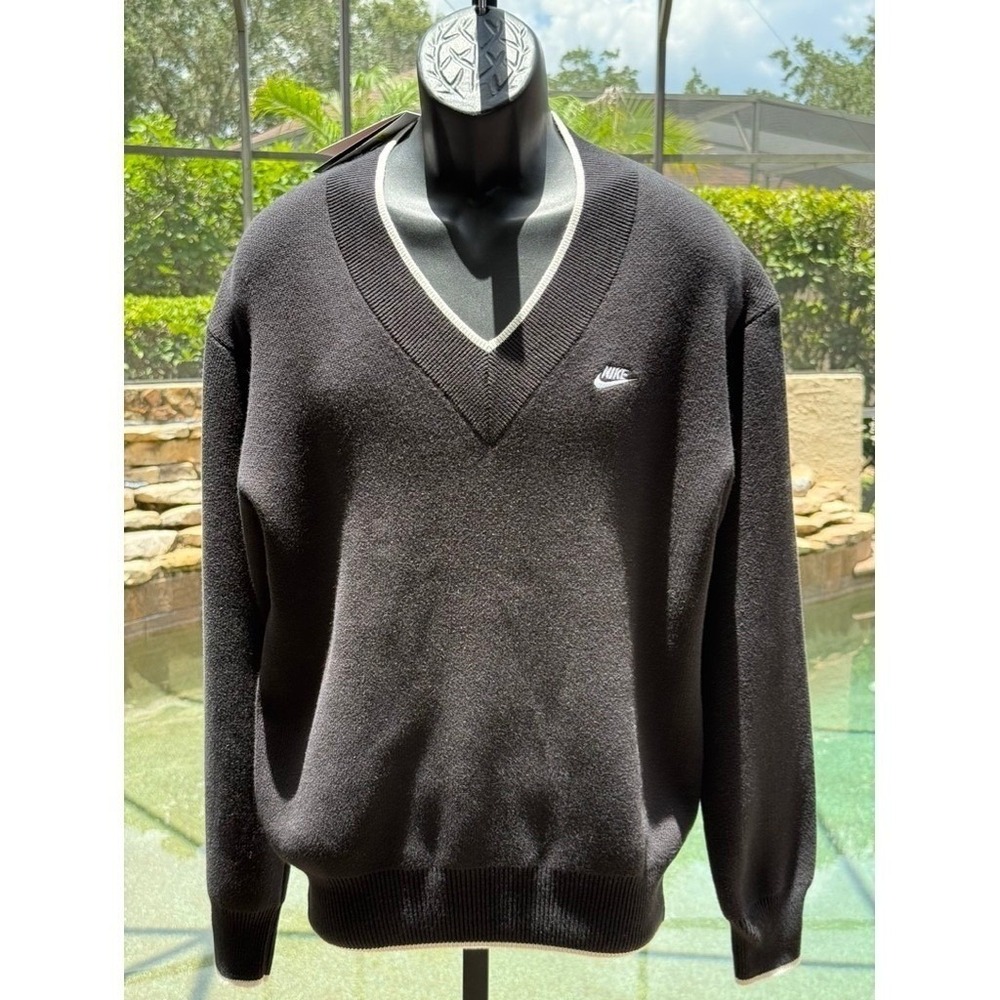 Nike Men's Club V-Neck Sweater Black Loose Fit Knit Pullover Size L